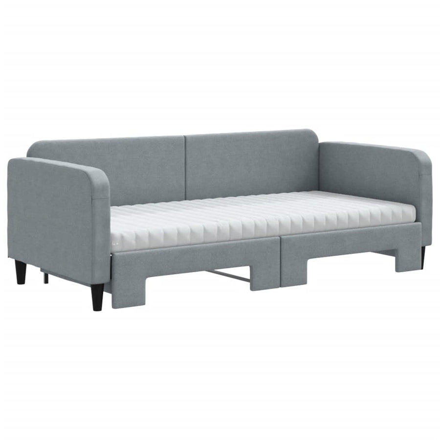 Slaapbank Onderschuifbed En Matrassen Stof 90 x 200 cm Lichtgrijs met onderschuifbed en matras