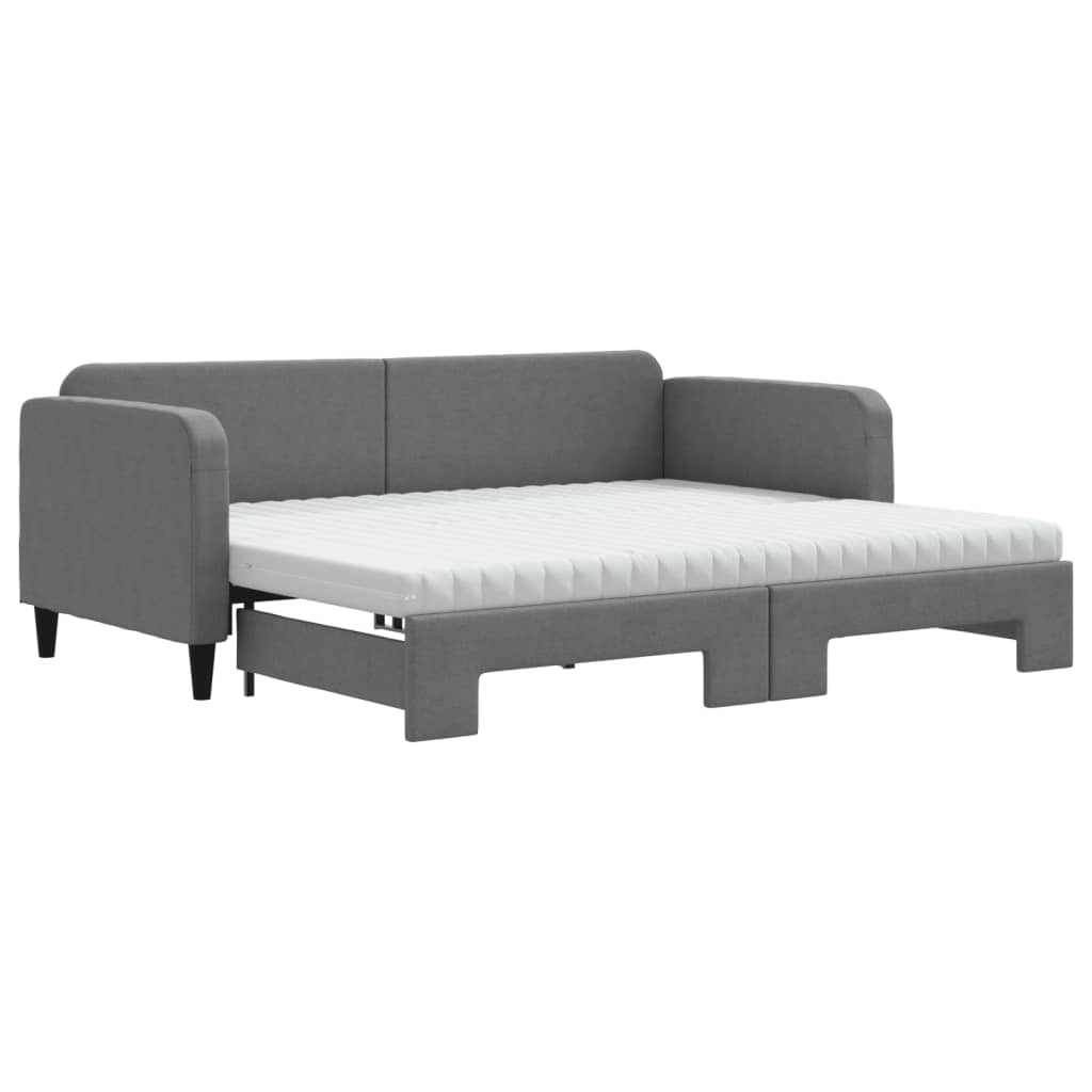 Slaapbank Onderschuifbed Matrassen Stof 90 x 200 cm Donkergrijs met onderschuifbed en matras
