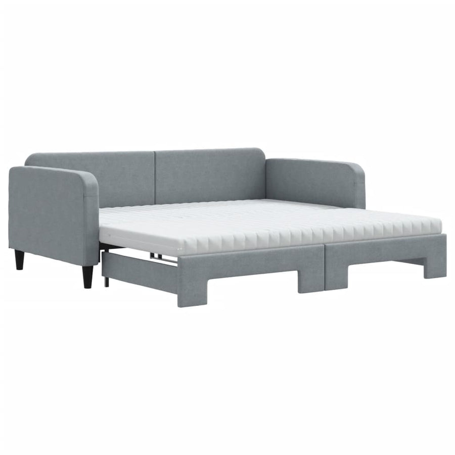 Slaapbank Onderschuifbed Matrassen Stof 100 x 200 cm Lichtgrijs met onderschuifbed en matras
