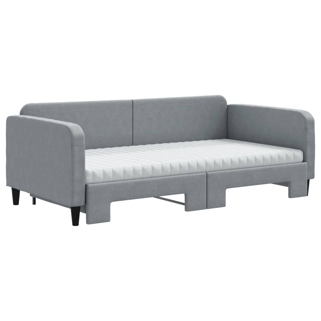 Slaapbank Onderschuifbed Matrassen Stof 100 x 200 cm Lichtgrijs met onderschuifbed en matras