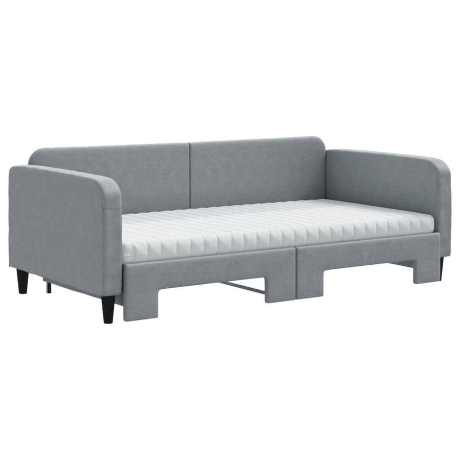 Slaapbank Onderschuifbed Matrassen Stof 100 x 200 cm Lichtgrijs met onderschuifbed en matras