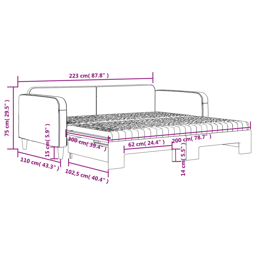Slaapbank Onderschuifbed Matrassen Stof 100 x 200 cm Lichtgrijs met onderschuifbed en matras