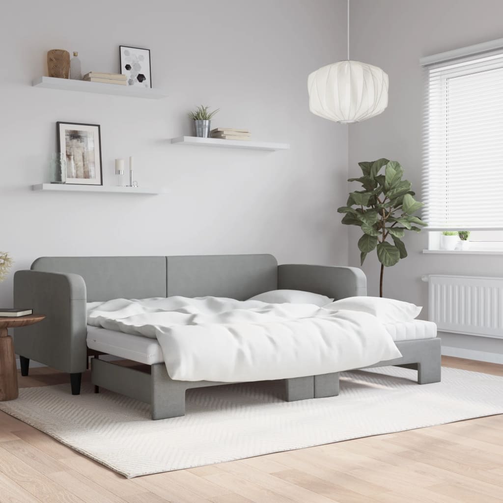 Slaapbank onderschuifbed en matrassen 90x190 cm stof lichtgrijs