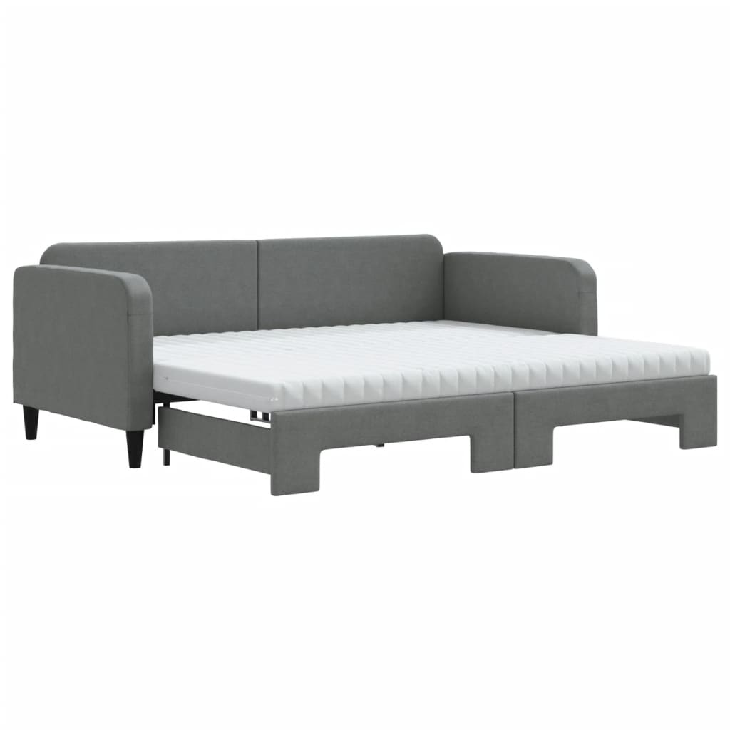 Slaapbank Onderschuifbed Matrassen Stof Donkergroen 90 x 190 cm Donkergrijs met onderschuifbed en matras