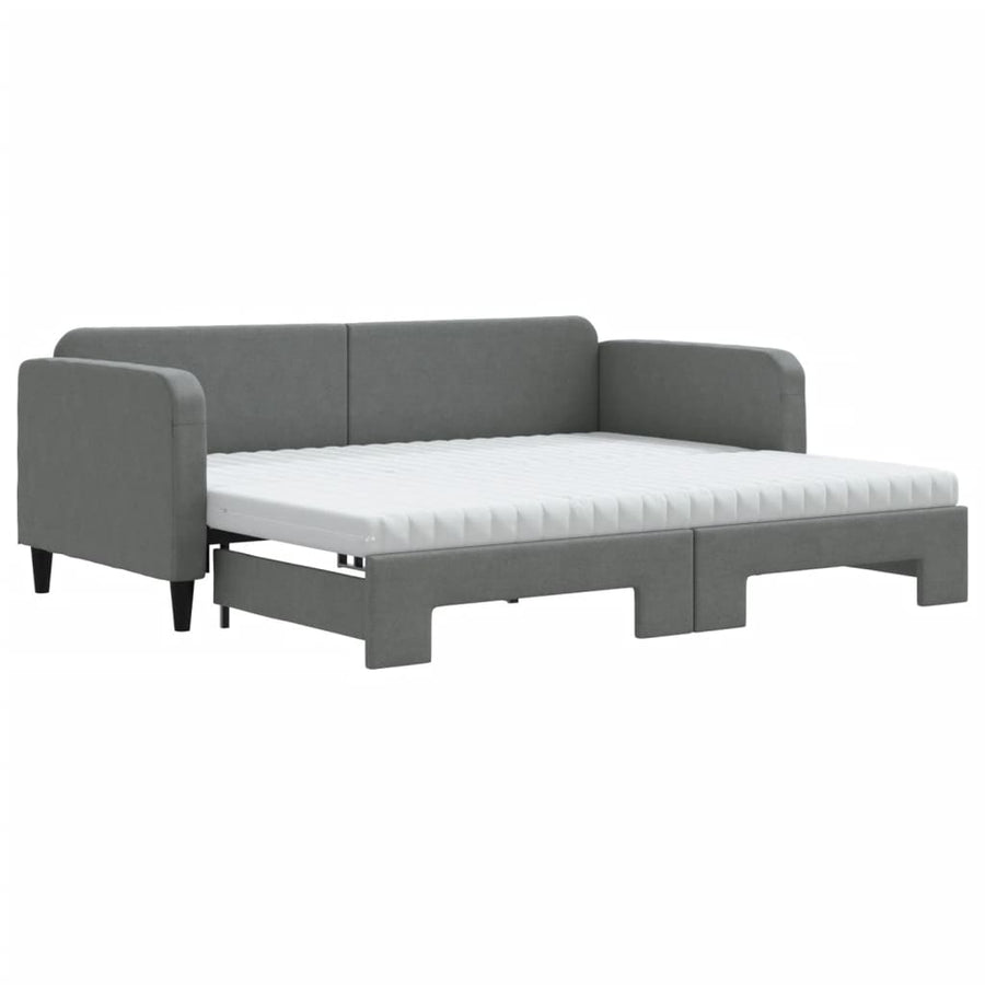 Slaapbank Onderschuifbed Matrassen Stof Donkergroen 90 x 190 cm Donkergrijs met onderschuifbed en matras