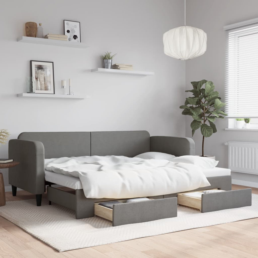 Slaapbank Onderschuifbed En Lades Stof 80 x 200 cm Donkergrijs met onderschuifbed en lade