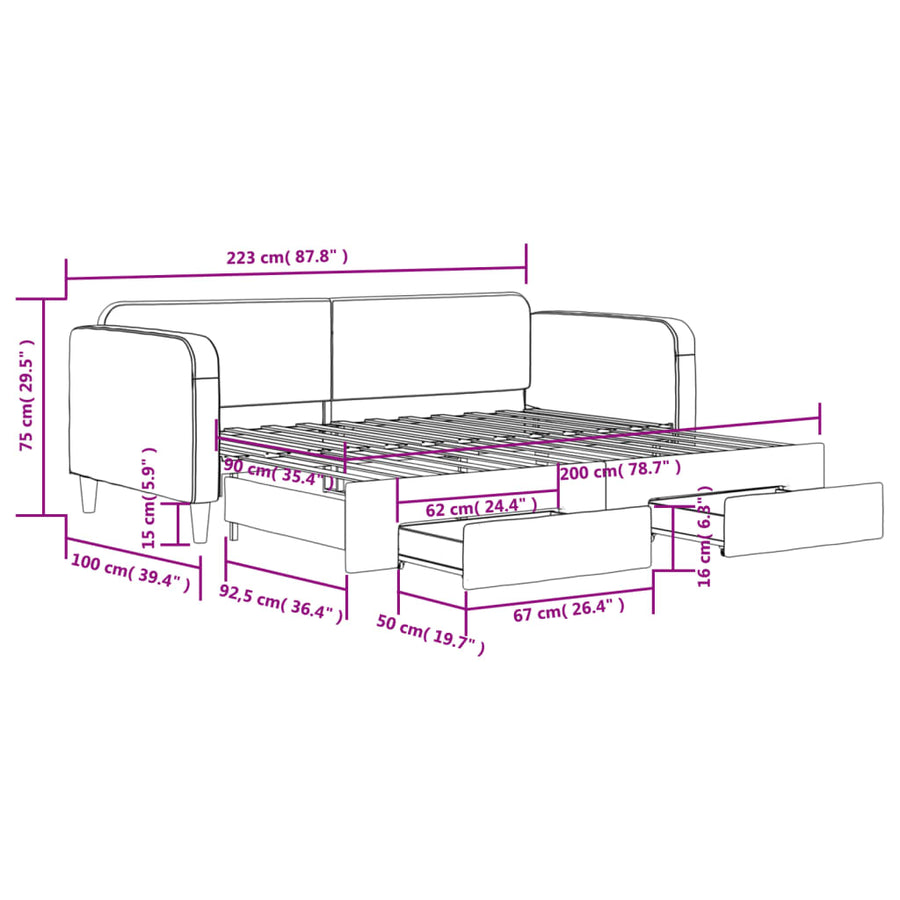 Slaapbank S Stof 90 x 200 cm Zwart met onderschuifbed en lade