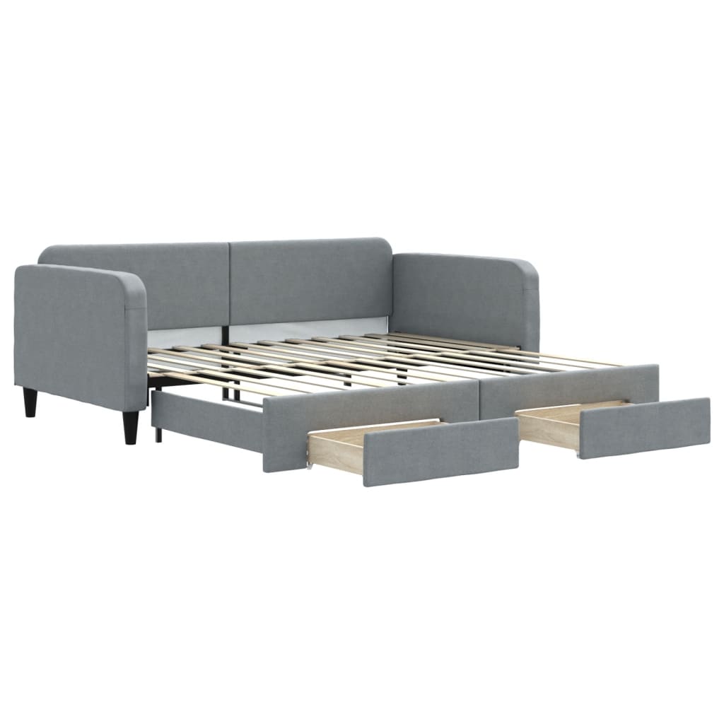 Slaapbank Onderschuifbed En Lades Stof 100 x 200 cm Lichtgrijs met onderschuifbed en lade