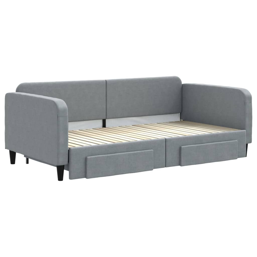 Slaapbank Onderschuifbed En Lades Stof 100 x 200 cm Lichtgrijs met onderschuifbed en lade