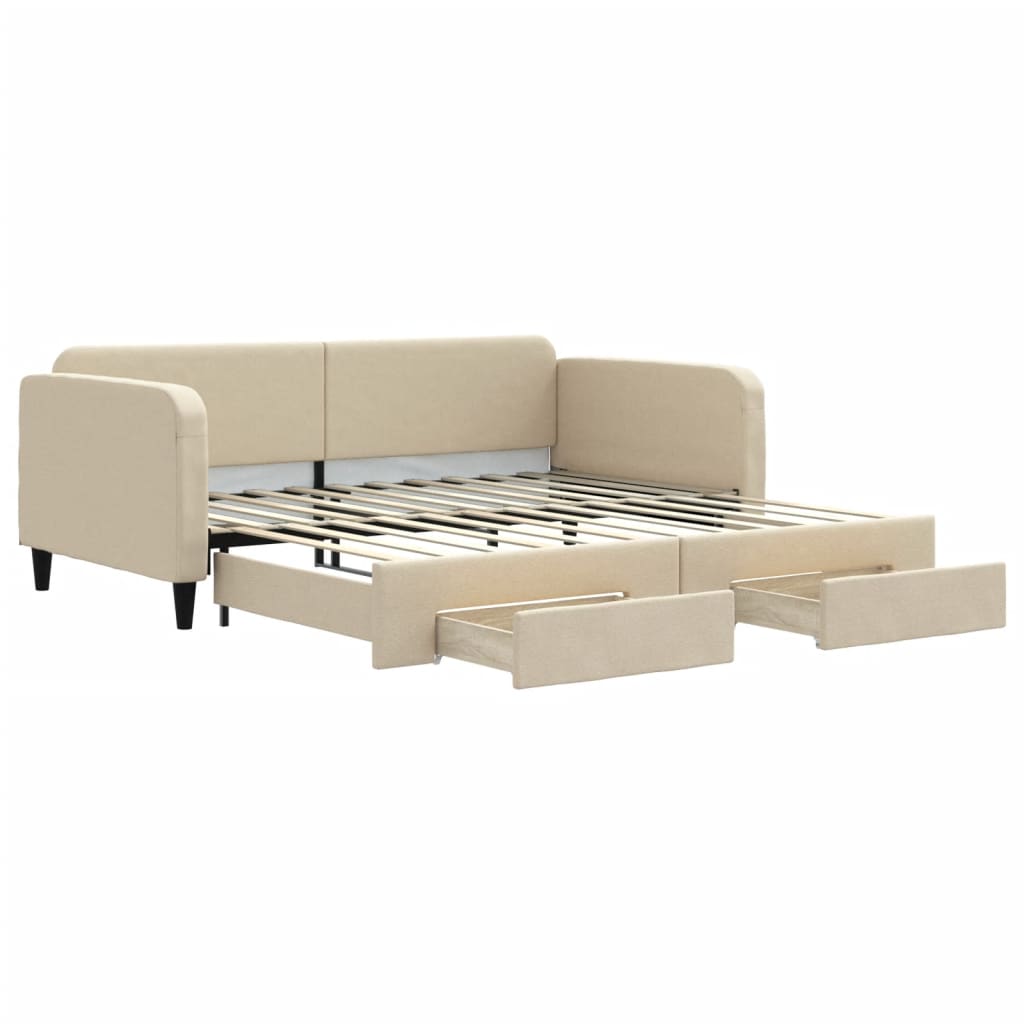 Slaapbank S Stof 100 x 200 cm Crème met onderschuifbed en lade