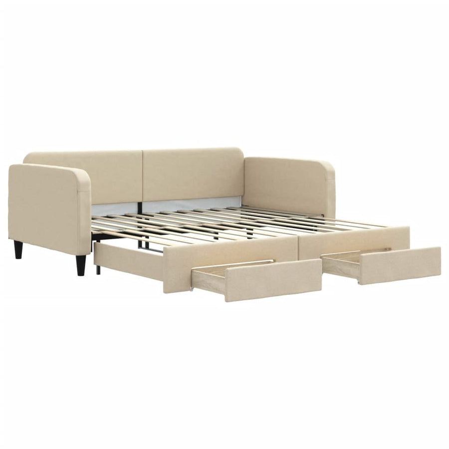 Slaapbank S Stof 100 x 200 cm Crème met onderschuifbed en lade