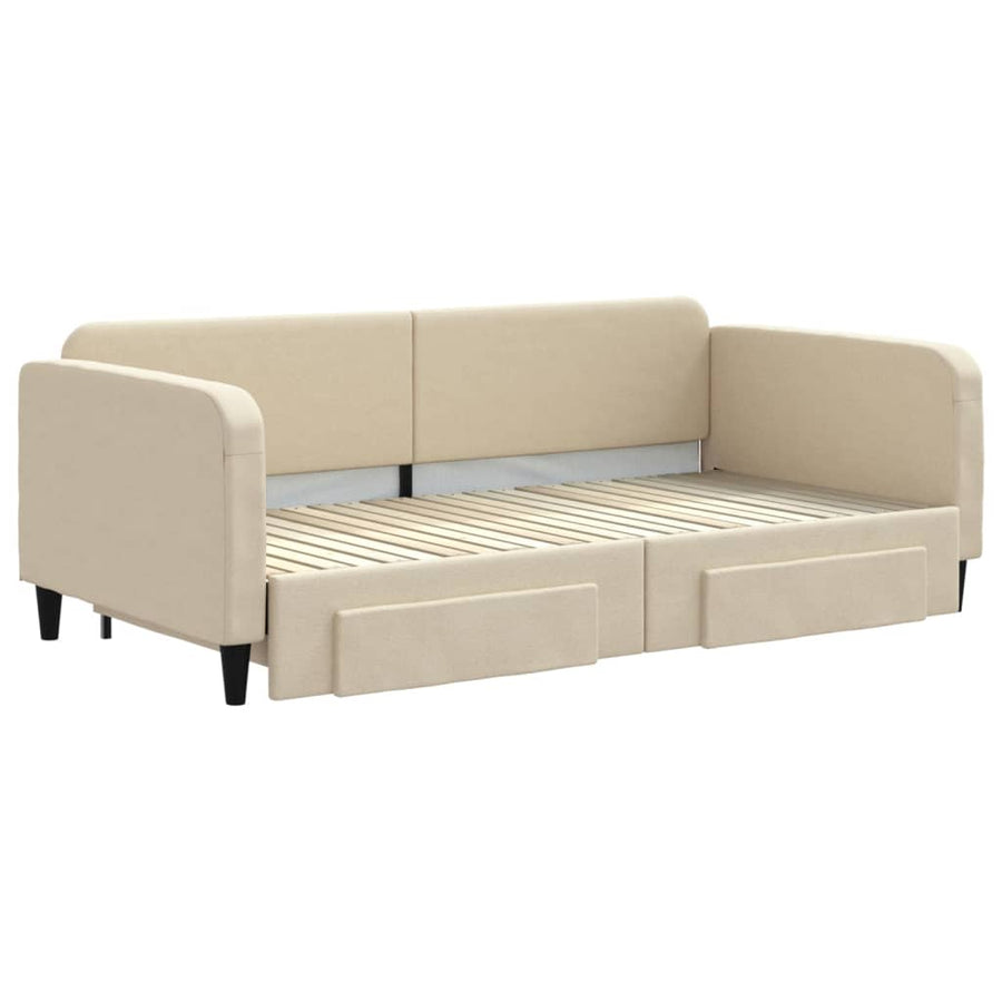 Slaapbank S Stof 100 x 200 cm Crème met onderschuifbed en lade