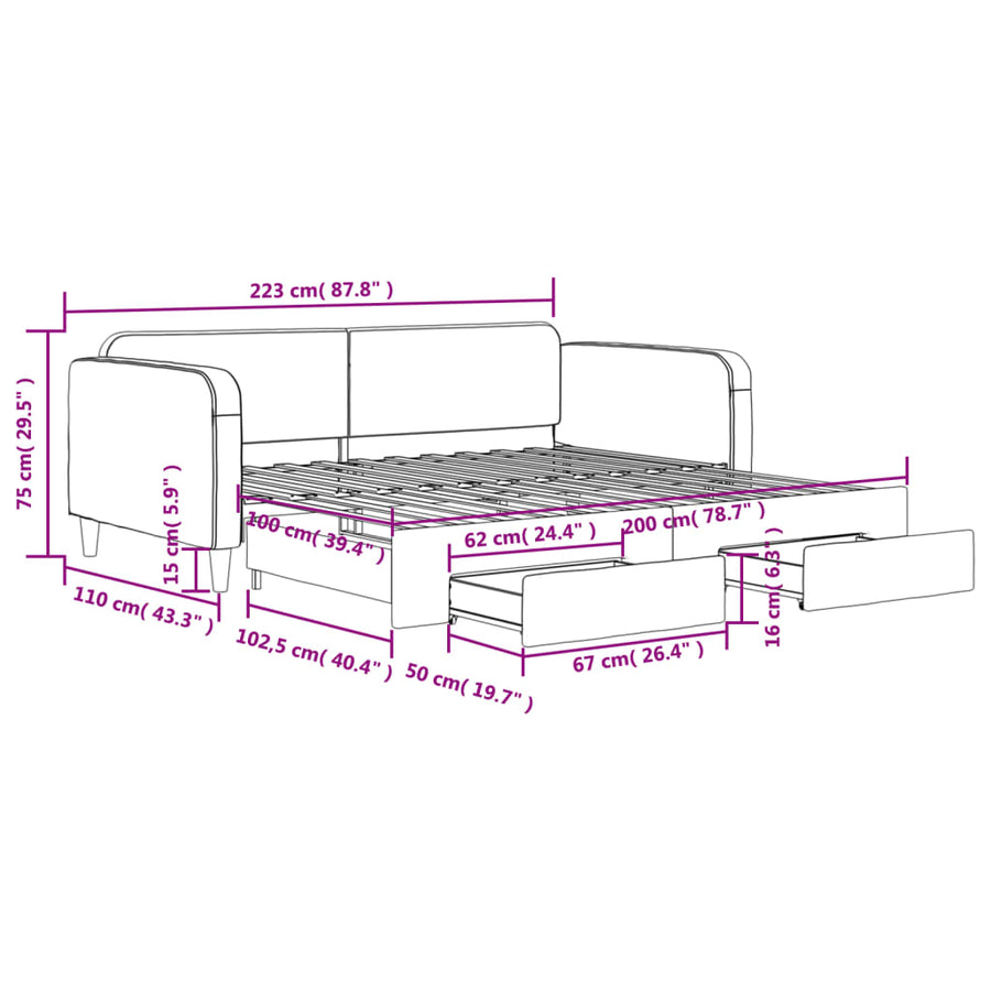 Slaapbank S Stof 100 x 200 cm Crème met onderschuifbed en lade
