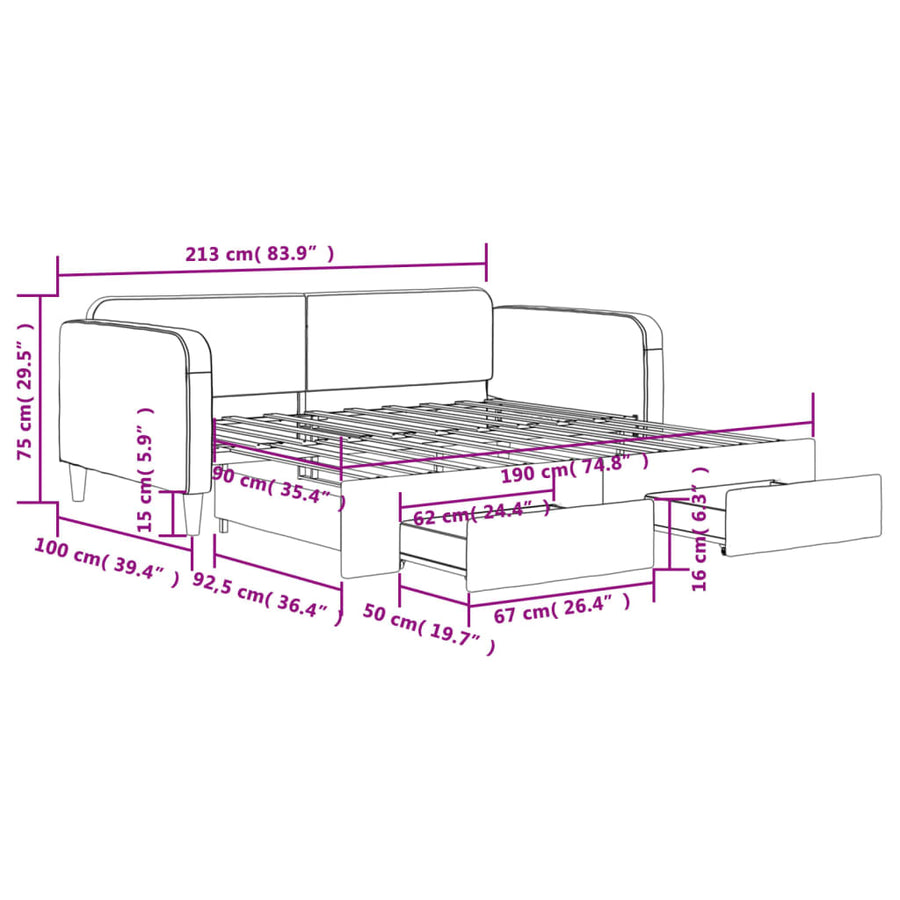 Slaapbank Onderschuifbed En Lades Stof 90 x 190 cm Donkergrijs met onderschuifbed en lade