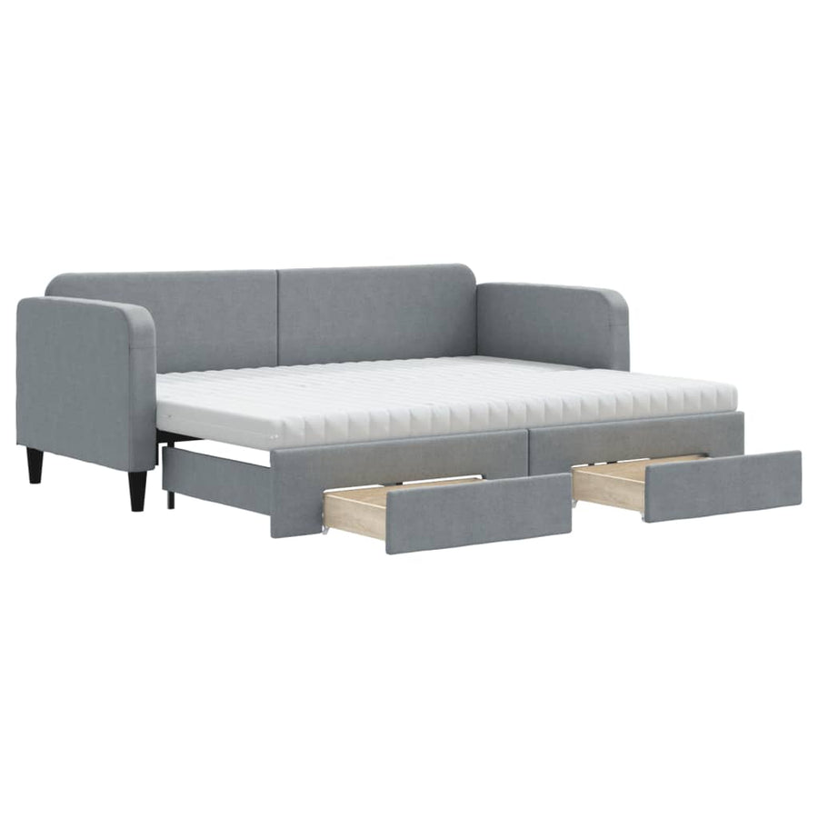 Slaapbank Met Onderschuifbed En Lades Stof 80 x 200 cm Lichtgrijs met onderschuifbed en lade en matras