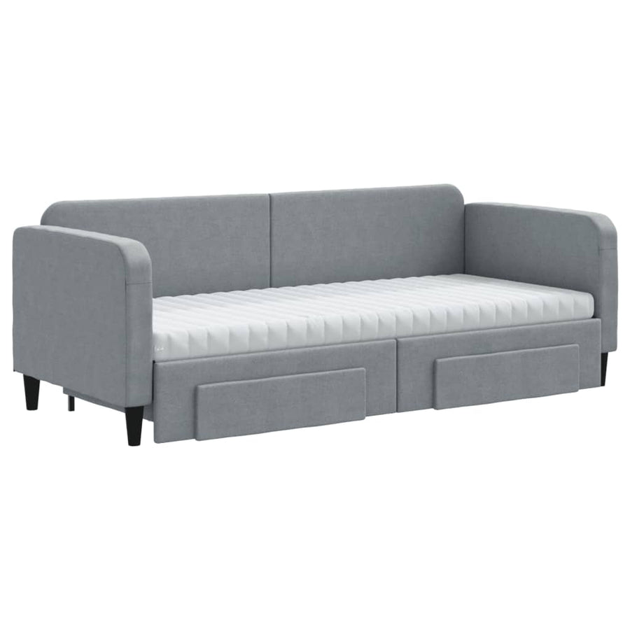 Slaapbank Met Onderschuifbed En Lades Stof 80 x 200 cm Lichtgrijs met onderschuifbed en lade en matras