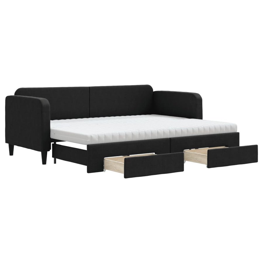 Slaapbank Met Onderschuifbed En Lades Stof 80 x 200 cm Zwart met onderschuifbed en lade en matras