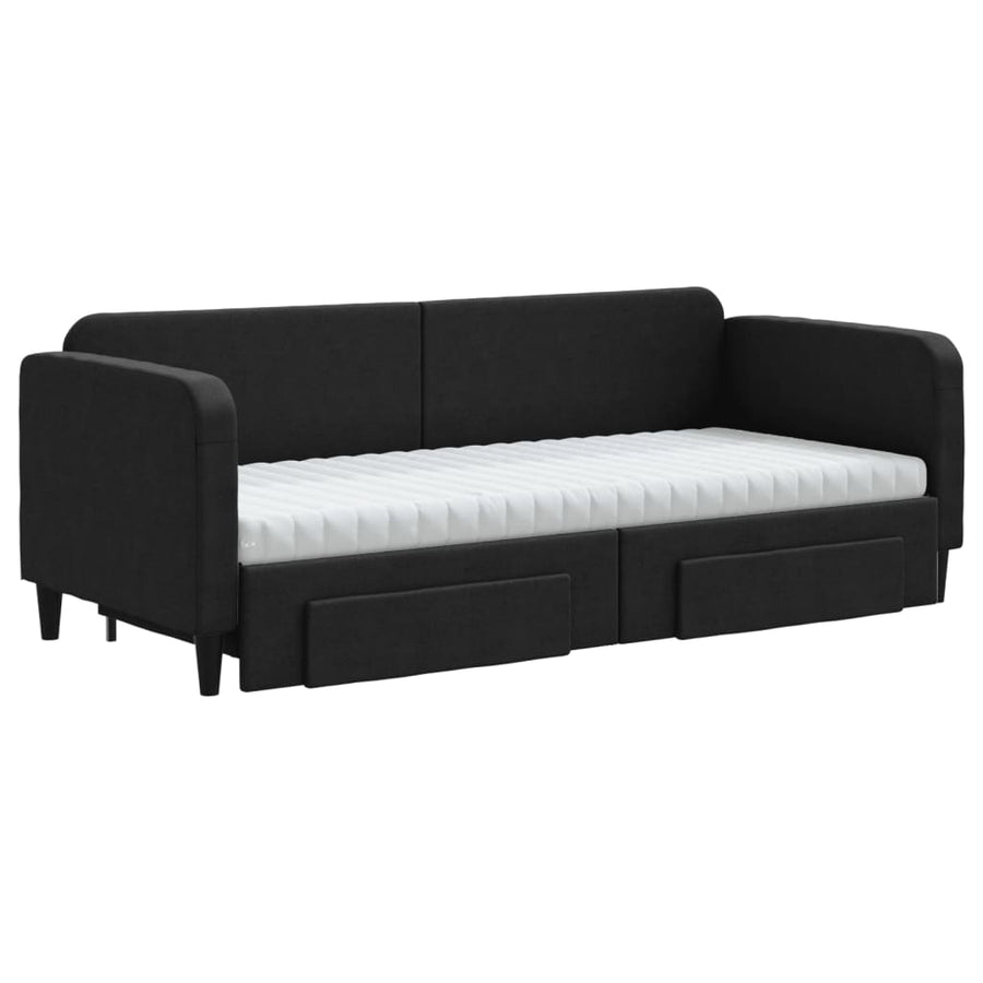 Slaapbank Met Onderschuifbed En Lades Stof 80 x 200 cm Zwart met onderschuifbed en lade en matras