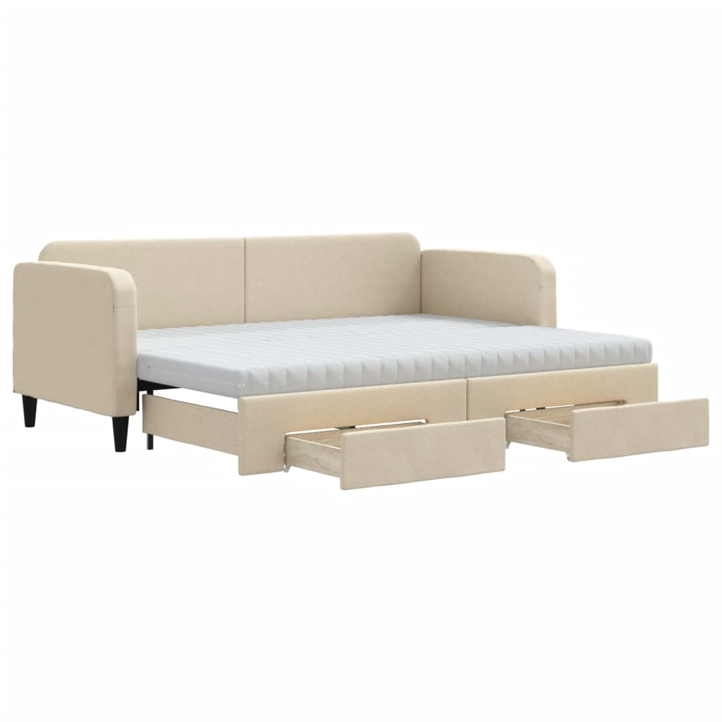 Slaapbank Met Onderschuifbed En Lades Stof Kleur 80 x 200 cm Crème met onderschuifbed en lade en matras