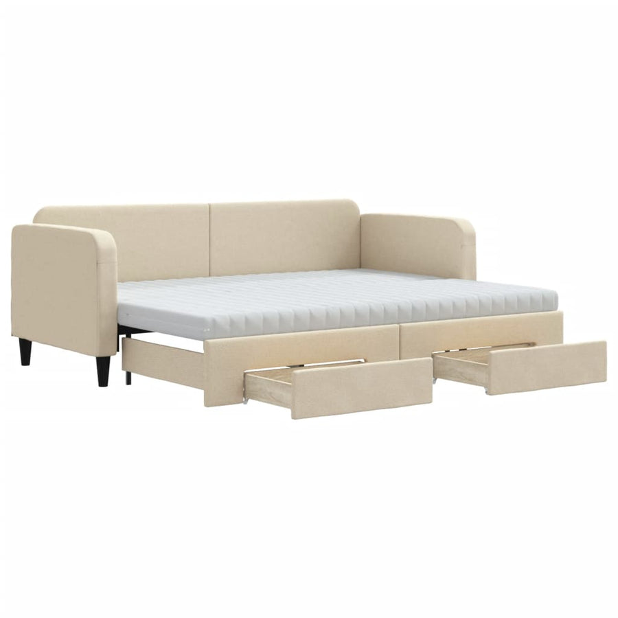 Slaapbank Met Onderschuifbed En Lades Stof Kleur 80 x 200 cm Crème met onderschuifbed en lade en matras