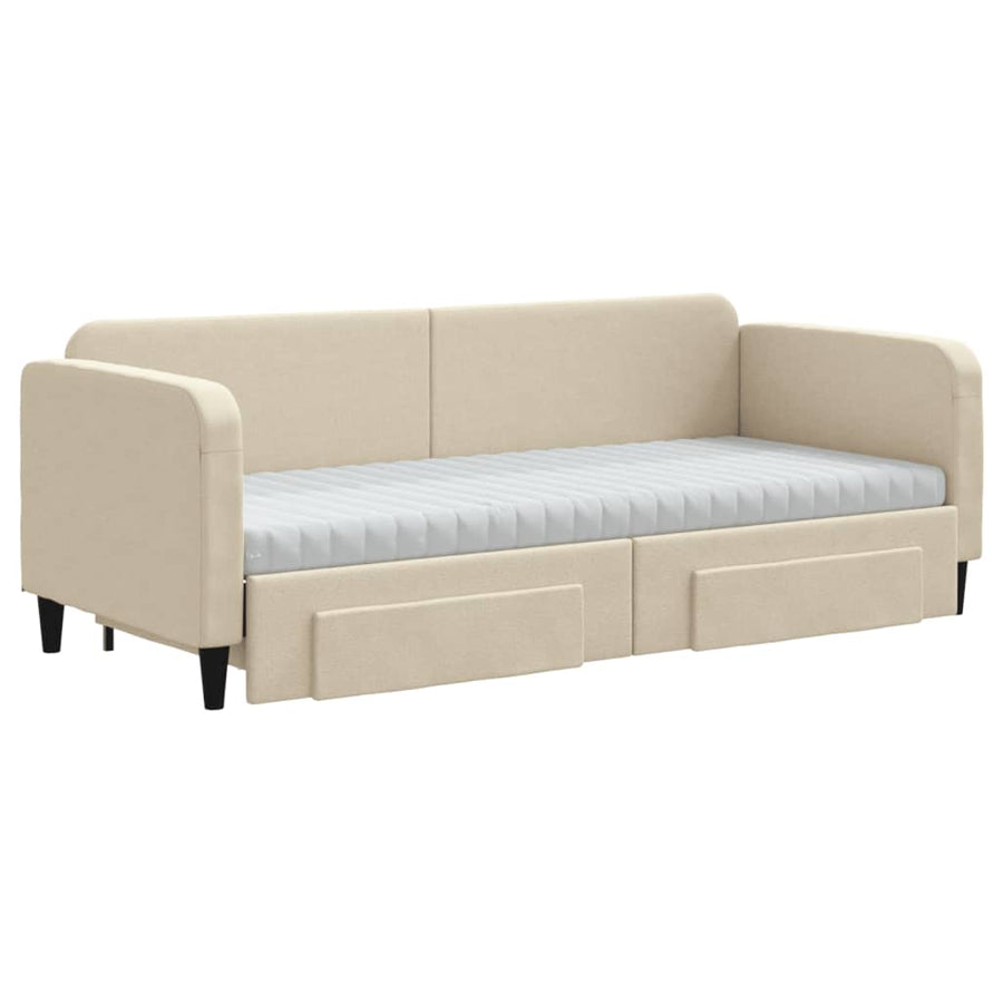Slaapbank Met Onderschuifbed En Lades Stof Kleur 80 x 200 cm Crème met onderschuifbed en lade en matras