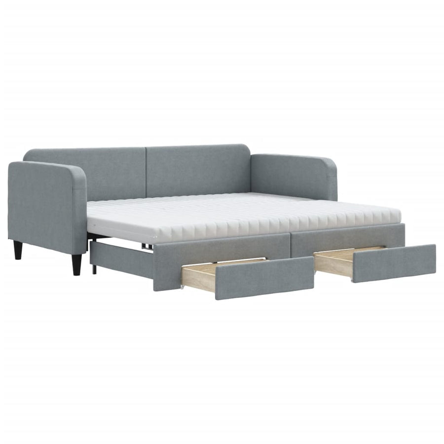 Slaapbank Met Onderschuifbed En Lades Stof 90 x 200 cm Lichtgrijs met onderschuifbed en lade en matras