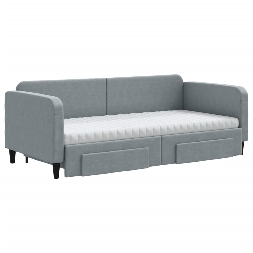 Slaapbank Met Onderschuifbed En Lades Stof 90 x 200 cm Lichtgrijs met onderschuifbed en lade en matras