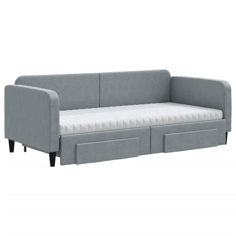 Slaapbank Met Onderschuifbed En Lades Stof 90 x 200 cm Lichtgrijs met onderschuifbed en lade en matras