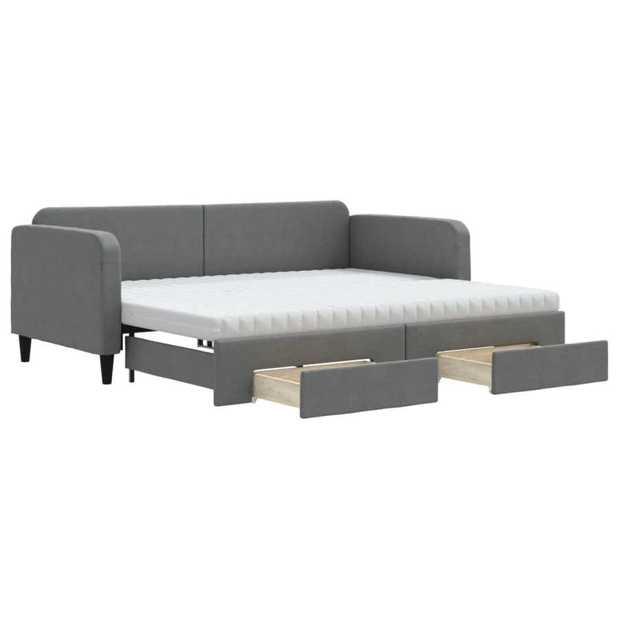 Slaapbank Onderschuifbed En Lades Stof 90 x 200 cm Donkergrijs met onderschuifbed en lade en matras