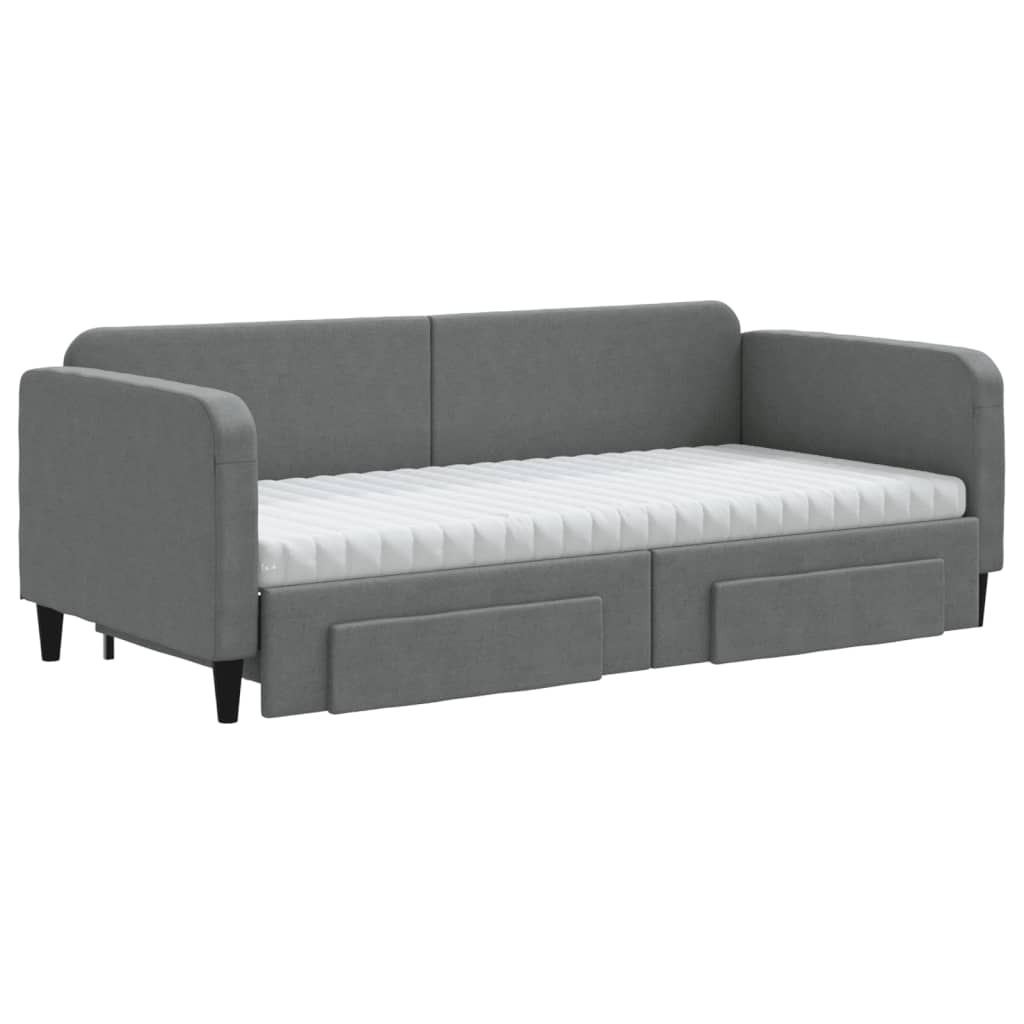 Slaapbank Onderschuifbed En Lades Stof 90 x 200 cm Donkergrijs met onderschuifbed en lade en matras