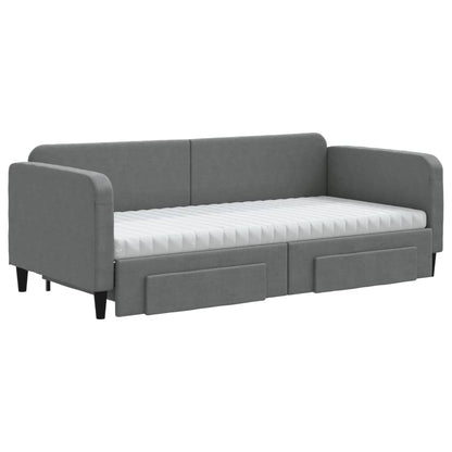 Slaapbank Onderschuifbed En Lades Stof 90 x 200 cm Donkergrijs met onderschuifbed en lade en matras
