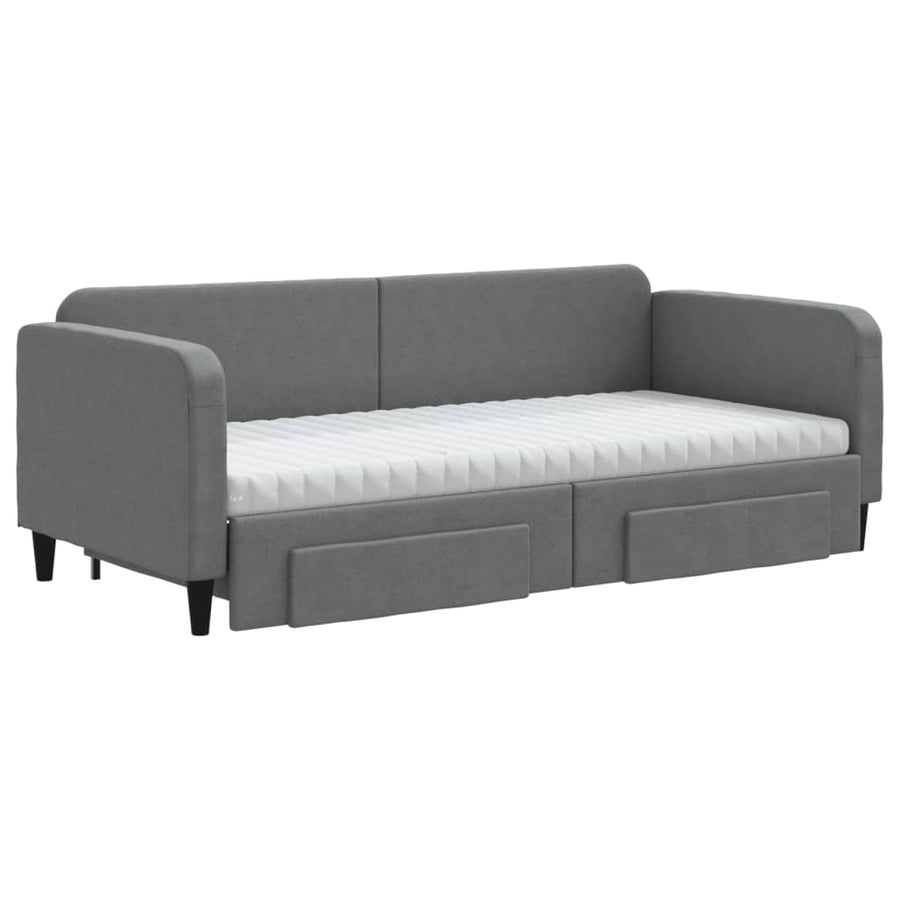 Slaapbank Onderschuifbed En Lades Stof 90 x 200 cm Donkergrijs met onderschuifbed en lade en matras