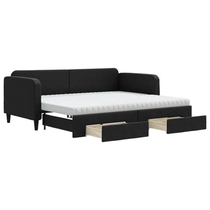 Slaapbank Met Onderschuifbed En Lades Stof 90 x 200 cm Zwart met onderschuifbed en lade en matras