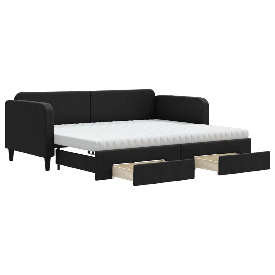 Slaapbank Met Onderschuifbed En Lades Stof 90 x 200 cm Zwart met onderschuifbed en lade en matras