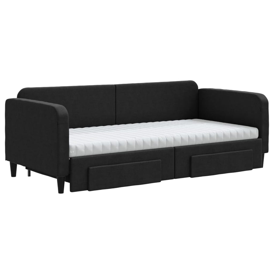 Slaapbank Met Onderschuifbed En Lades Stof 90 x 200 cm Zwart met onderschuifbed en lade en matras