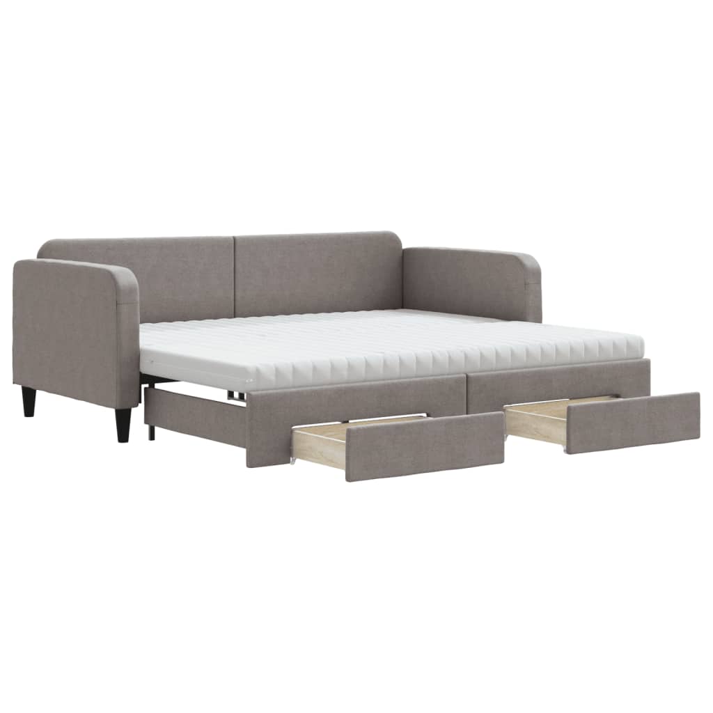 Slaapbank Met Onderschuifbed En Lades 90X200 Cm Stof Taupe Taupe 90 x 200 cm met onderschuifbed en lade en matras