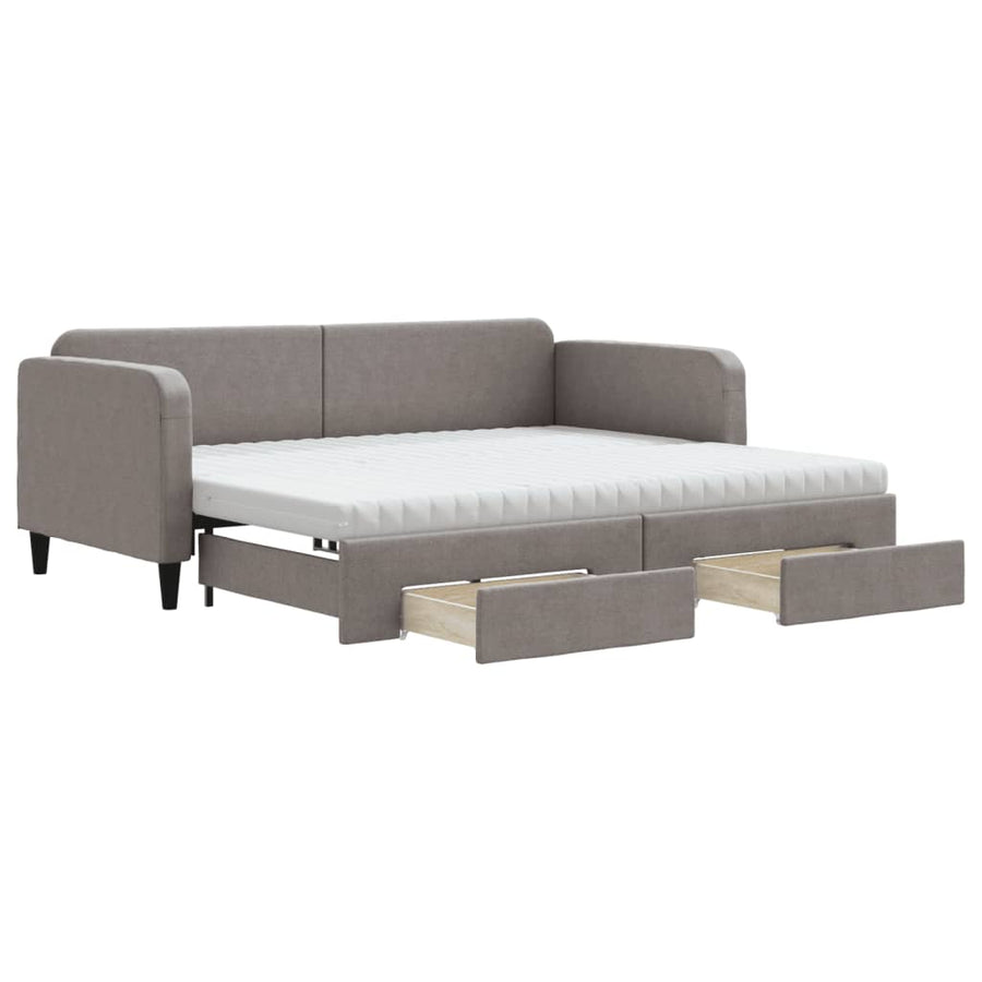 Slaapbank Met Onderschuifbed En Lades 90X200 Cm Stof Taupe Taupe 90 x 200 cm met onderschuifbed en lade en matras