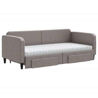 Slaapbank Met Onderschuifbed En Lades 90X200 Cm Stof Taupe Taupe 90 x 200 cm met onderschuifbed en lade en matras