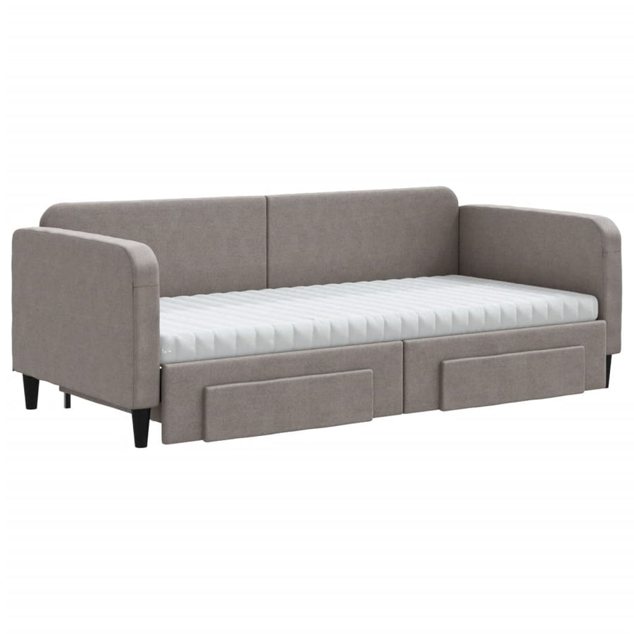 Slaapbank Met Onderschuifbed En Lades 90X200 Cm Stof Taupe Taupe 90 x 200 cm met onderschuifbed en lade en matras