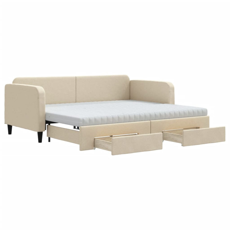 Slaapbank Met Onderschuifbed En Lades Stof Kleur 90 x 200 cm Crème met onderschuifbed en lade en matras