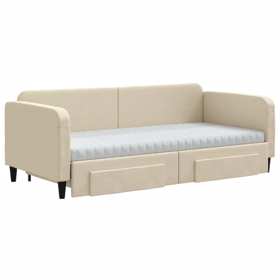 Slaapbank Met Onderschuifbed En Lades Stof Kleur 90 x 200 cm Crème met onderschuifbed en lade en matras
