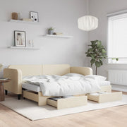 Slaapbank met onderschuifbed en lades 90x200 cm crème stof