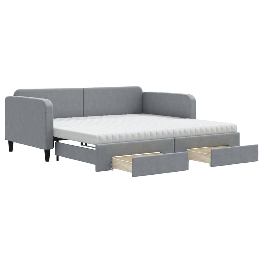 Slaapbank Onderschuifbed En Lades Stof 100 x 200 cm Lichtgrijs met onderschuifbed en lade en matras