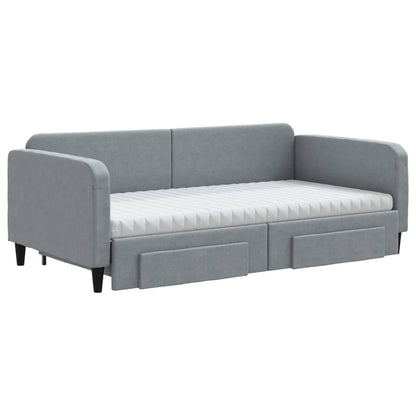 Slaapbank Onderschuifbed En Lades Stof 100 x 200 cm Lichtgrijs met onderschuifbed en lade en matras