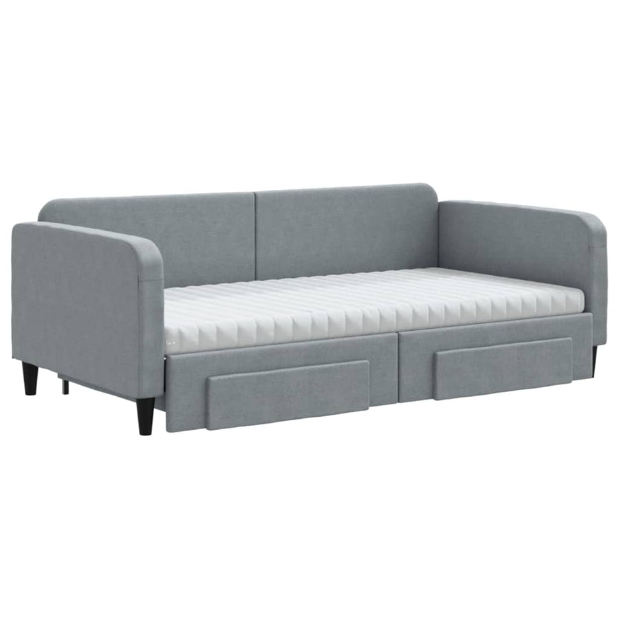 Slaapbank Onderschuifbed En Lades Stof 100 x 200 cm Lichtgrijs met onderschuifbed en lade en matras