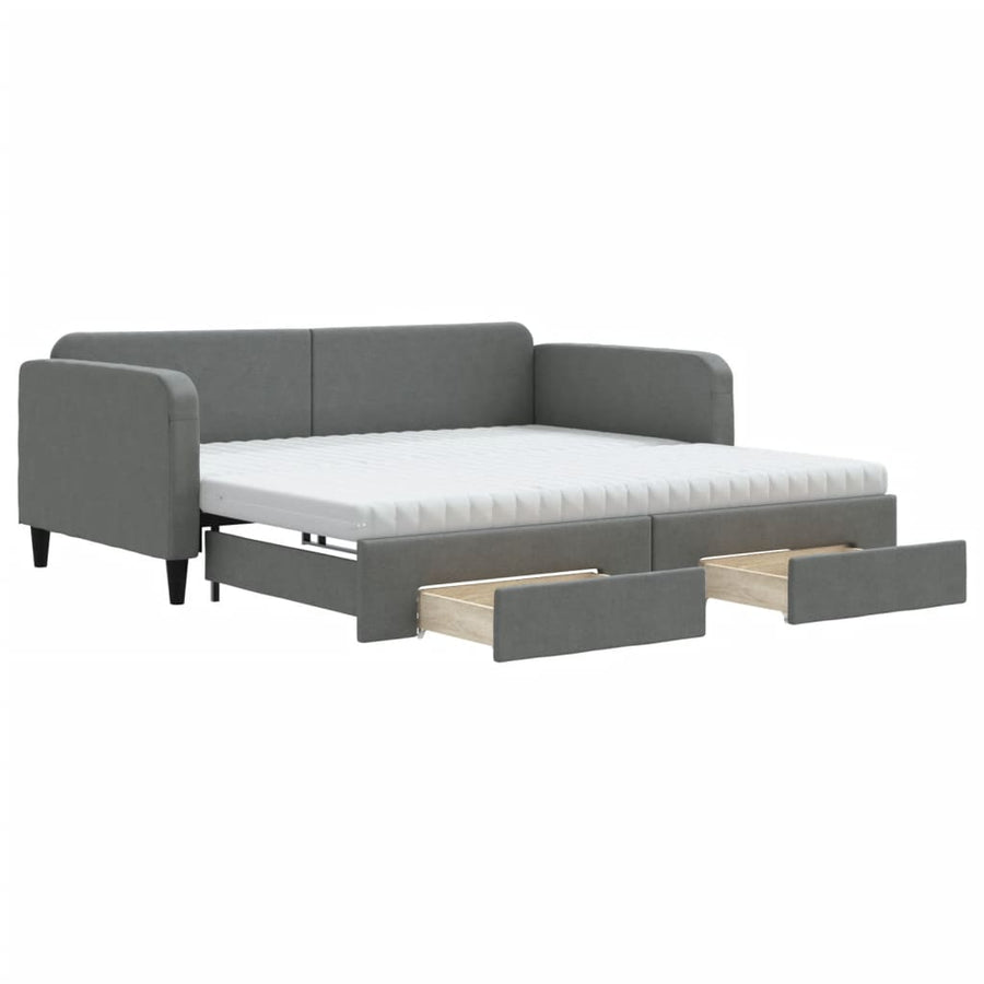 Slaapbank Onderschuifbed En Lades Stof 100 x 200 cm Donkergrijs met onderschuifbed en lade en matras