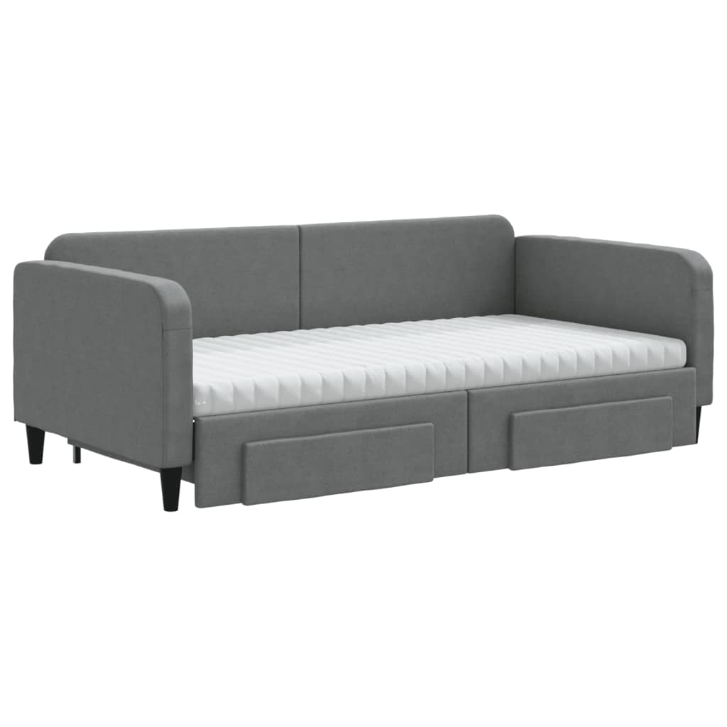 Slaapbank Onderschuifbed En Lades Stof 100 x 200 cm Donkergrijs met onderschuifbed en lade en matras
