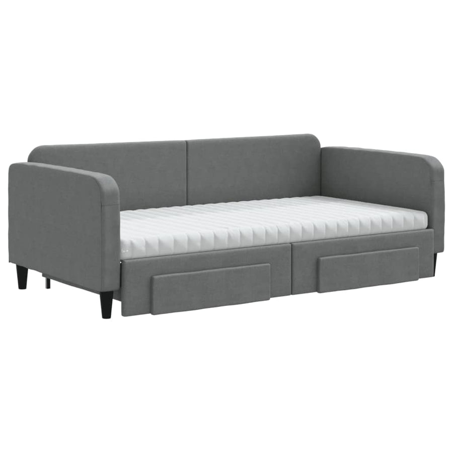 Slaapbank Onderschuifbed En Lades Stof 100 x 200 cm Donkergrijs met onderschuifbed en lade en matras