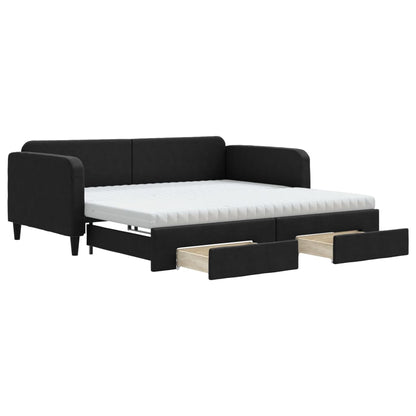 Slaapbank Met Onderschuifbed En Lades Stof 100 x 200 cm Zwart met onderschuifbed en lade en matras