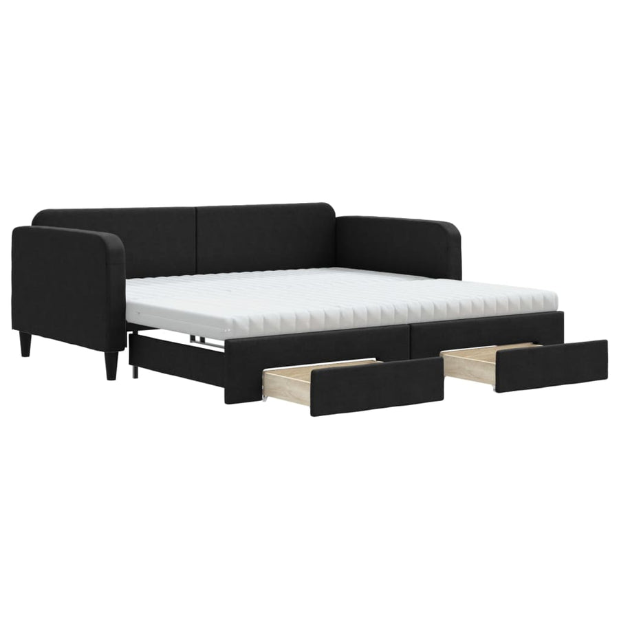 Slaapbank Met Onderschuifbed En Lades Stof 100 x 200 cm Zwart met onderschuifbed en lade en matras